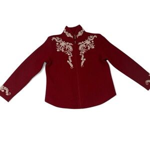 Coldwater Creek Red Boiled Wool Zip Jacket Cardigan Women’s size PS Festive